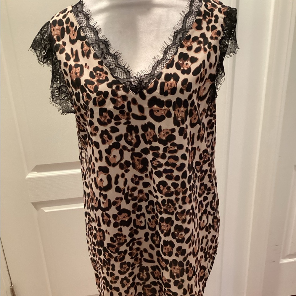 Leopard Print Lace-Trim Tank Top- Black & Brown